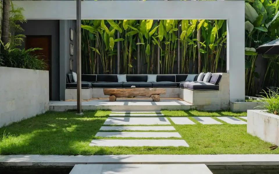 Garden with a stone path and seating